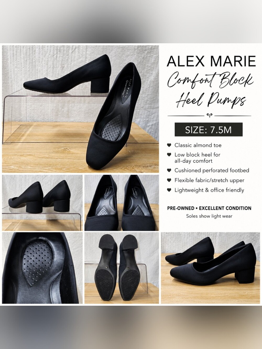 Alex Marie Black Comfort Block Heel Pumps Shoes Size 7.5M Business Casual